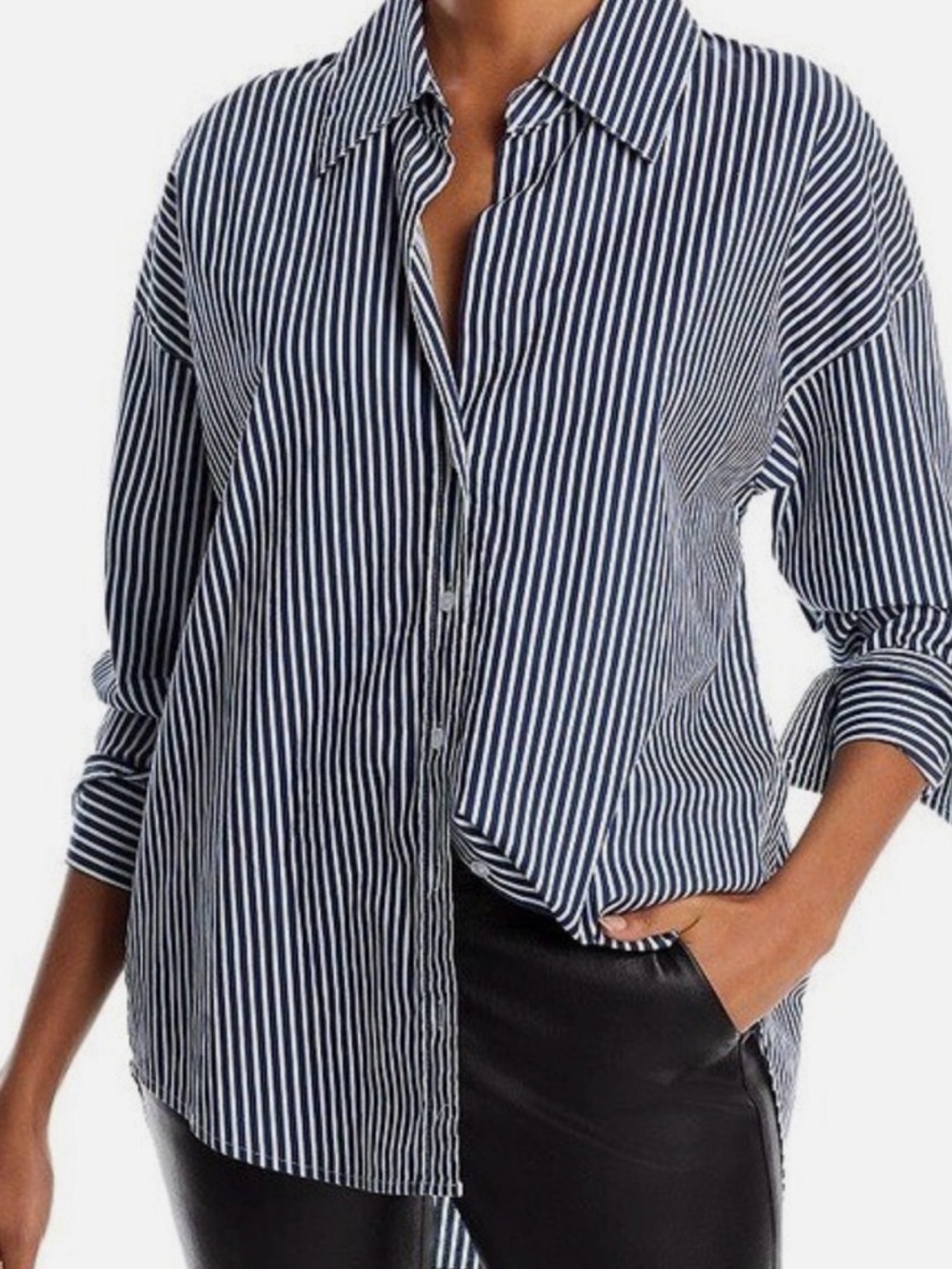 Monrow Stretch Poplin Striped Shirt with Blue/White Stripes